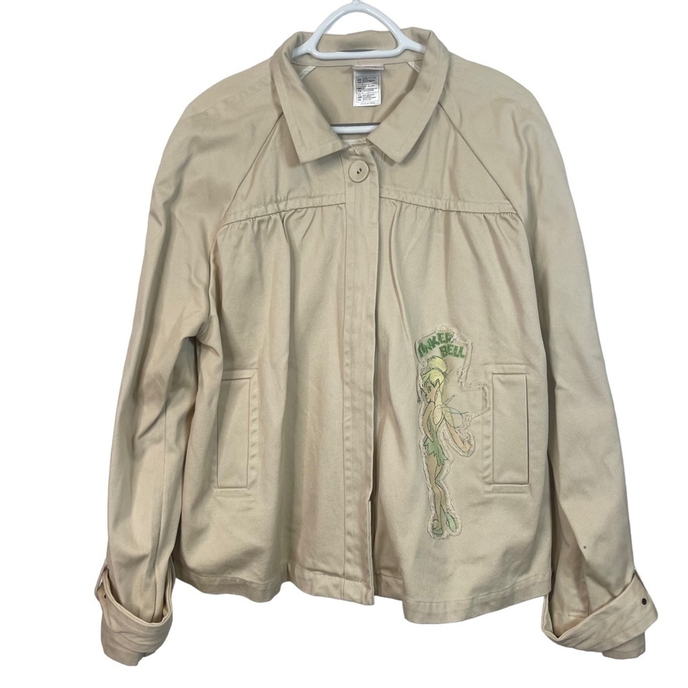 The Disney Store Women Tan Khaki Button Front Tinkerbell Embroidered Jacket